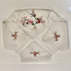 Vintage Bread Basket Liner Embroidered with Floral Motifs & Scalloped Edges